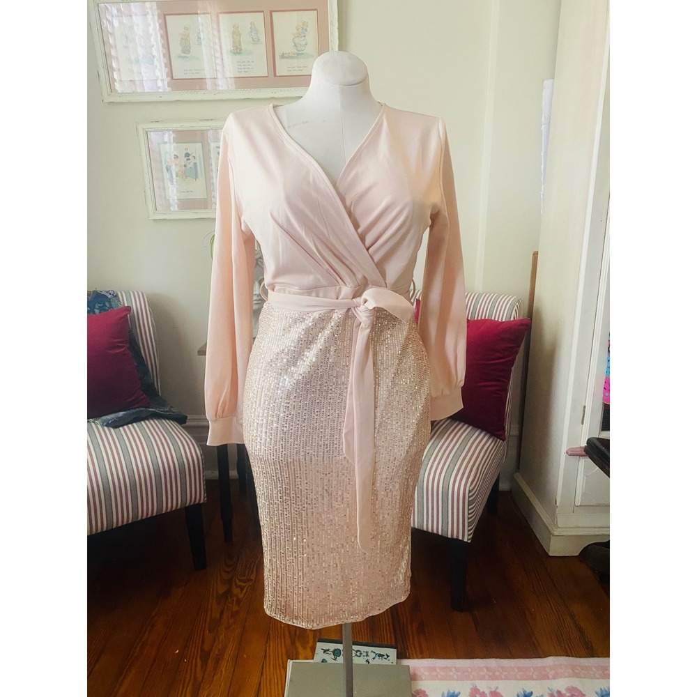 Grace Karin L Wrap Top Sequin Skirt Long Sleeve Sheath Dress Blush Pink Gold NWT - Picture 2 of 12